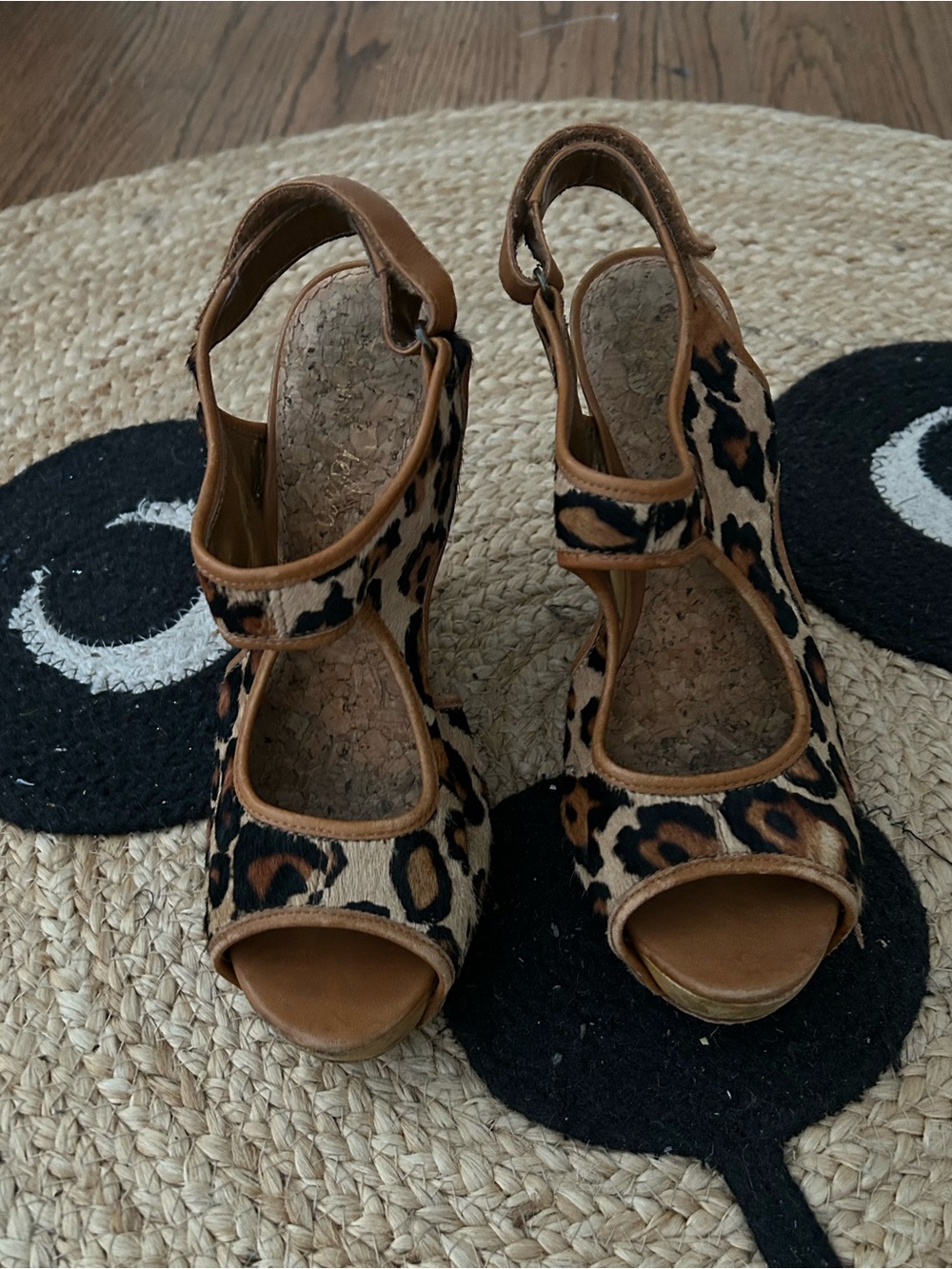 Vintage Sam Edelman Leopard Print Open-Toe Wedge Sandals with Tan Trim